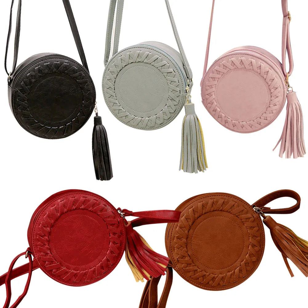 Women Tassel Round Weave Cross Body Bag Messenger Shoulder Bag B88