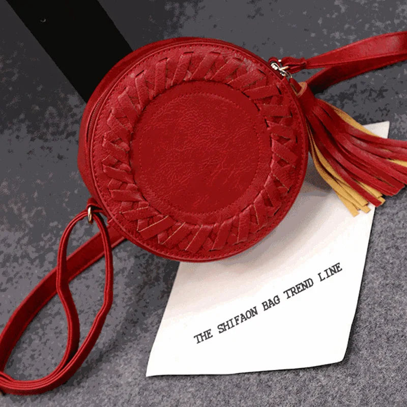 Women Tassel Weave Cross Body Bag Round Messenger Roll Shoulder UND