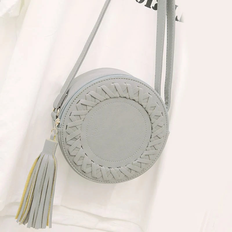 Women Tassel Weave Cross Body Bag Round Messenger Roll Shoulder UND