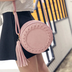 Women Tassel Weave Cross Body Bag Round Messenger Roll Shoulder UND