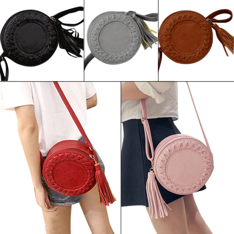 Women Tassel Weave Cross Body Bag Round Messenger Roll Shoulder UND
