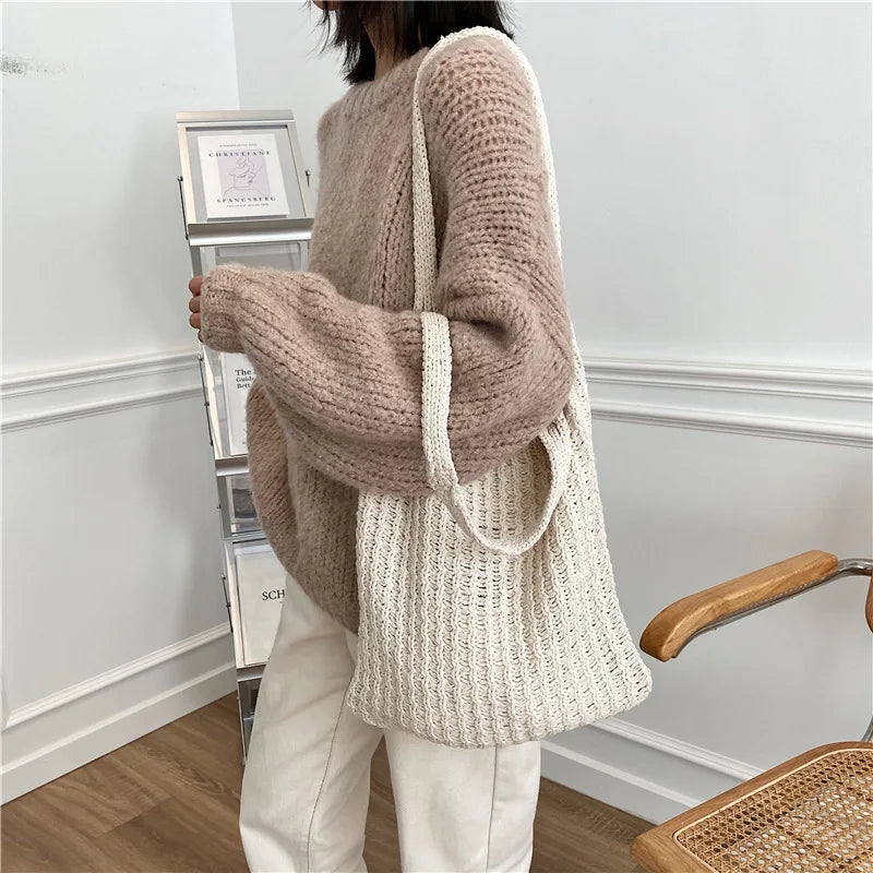 Vintage Wool Knitted Shoulder Bag for Women Large Handbag BG1427