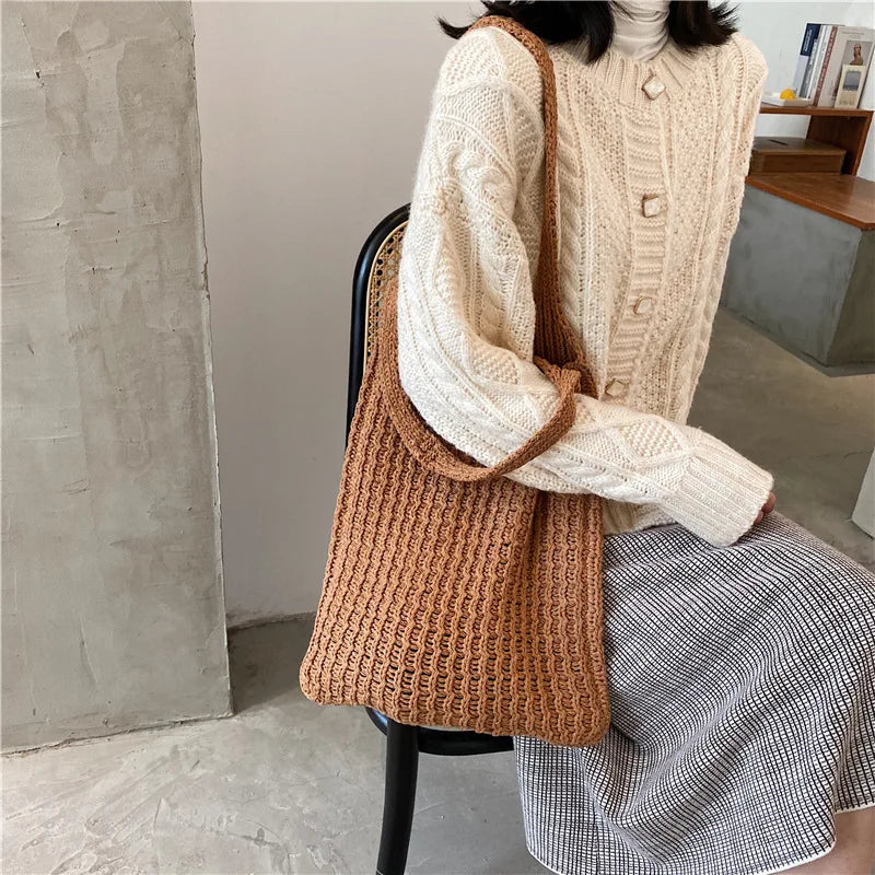 Vintage Wool Knitted Shoulder Bag for Women Large Handbag BG1427