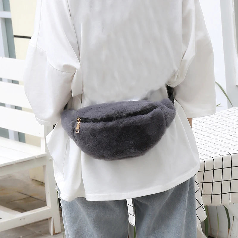Rabbit Fur Fanny Pack Winter Bum Bag Plush Waist Bag
