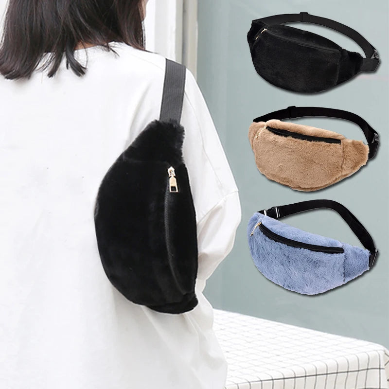Rabbit Fur Fanny Pack Winter Bum Bag Plush Waist Bag