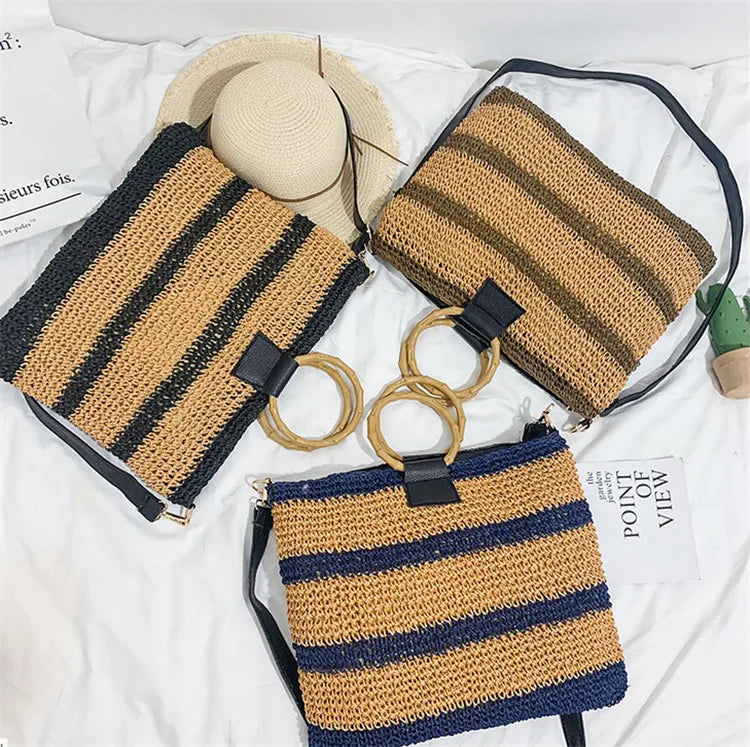 Female Straw Bag Women Crossbody Bag Carry Bamboo Make Straw Handle Handbag