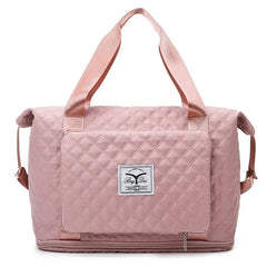 Foldable Travel Bag Quilted Gym Yoga Bag Pink Duffel Wet Dry Separation Tote Bag