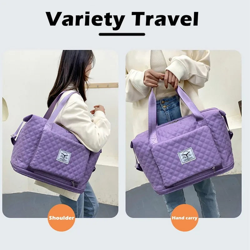 Foldable Travel Bag Quilted Gym Yoga Bag Pink Duffel Wet Dry Separation Tote Bag