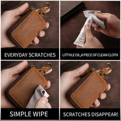 Leather Car Key Pouch Wallet Double Zipper Crazy Horse Leather Keychain Holder