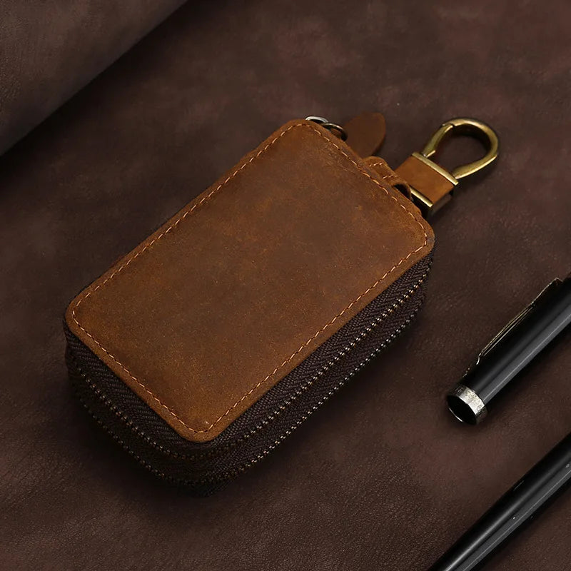 Leather Car Key Pouch Wallet Double Zipper Crazy Horse Leather Keychain Holder