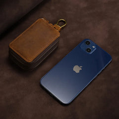 Leather Car Key Pouch Wallet Double Zipper Crazy Horse Leather Keychain Holder