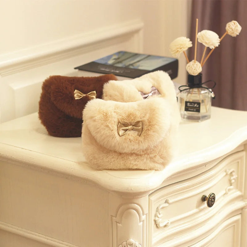 Girls Kids Purse Bowknot Mini Fur Handbags Cross Body Comfor