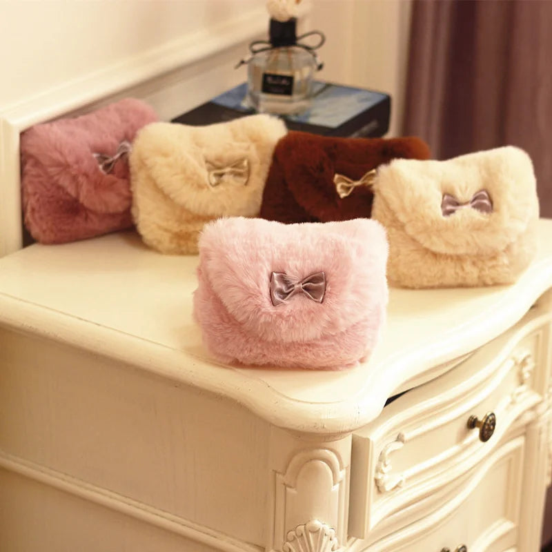 Girls Kids Purse Bowknot Mini Fur Handbags Cross Body Comfor