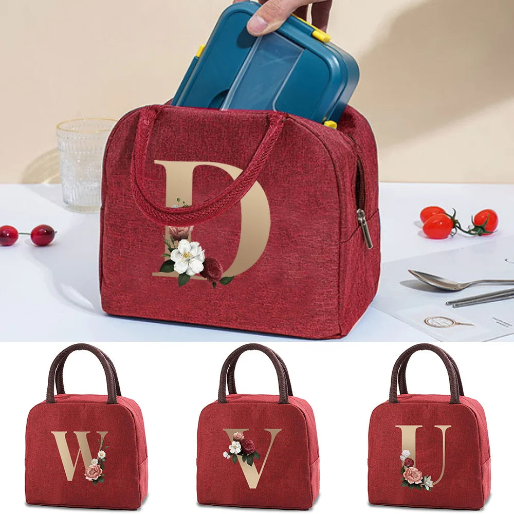 Letter Print Lunch Bag Thermal Insulated Lunch Box Tote Cooler Handbag