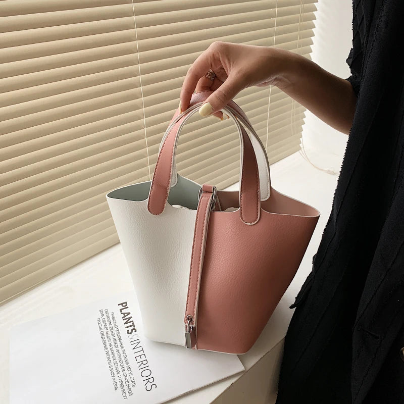 Women Shoulder Bags Set Panelled Leather Bucket Bag Vintage Crossbody Tote
