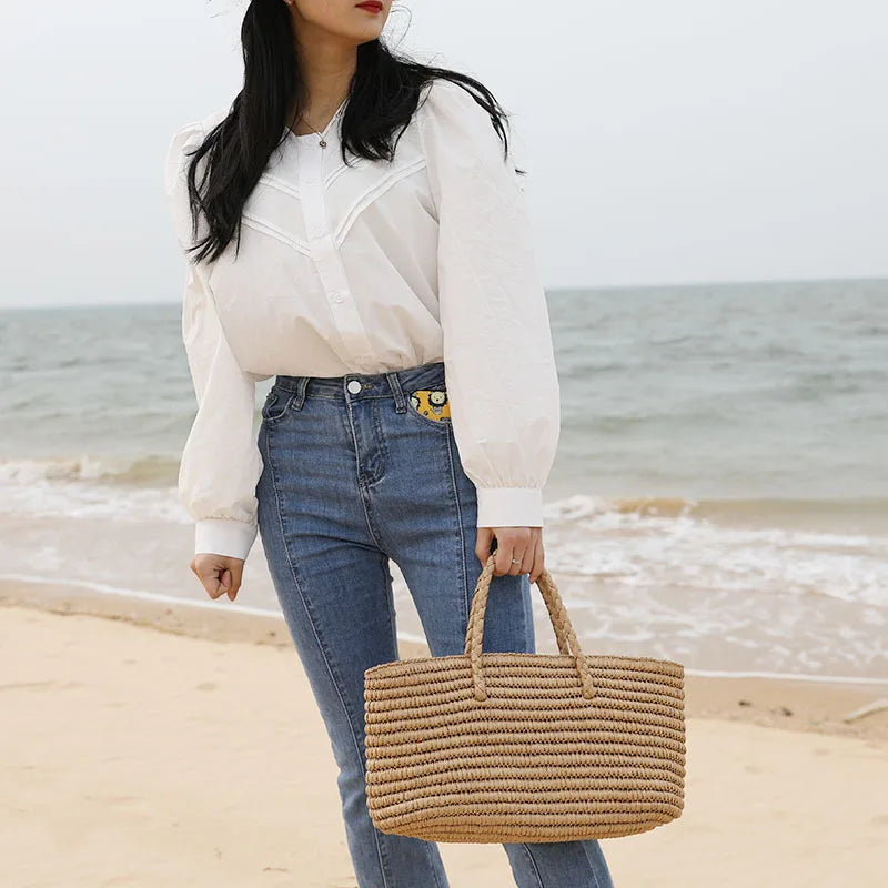 Straw Woven Bag Large Capacity Handbag for Women's French Romantic Beach