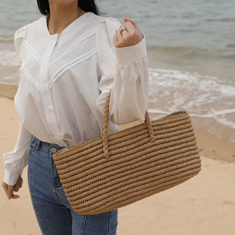 Straw Woven Bag Large Capacity Handbag for Women's French Romantic Beach