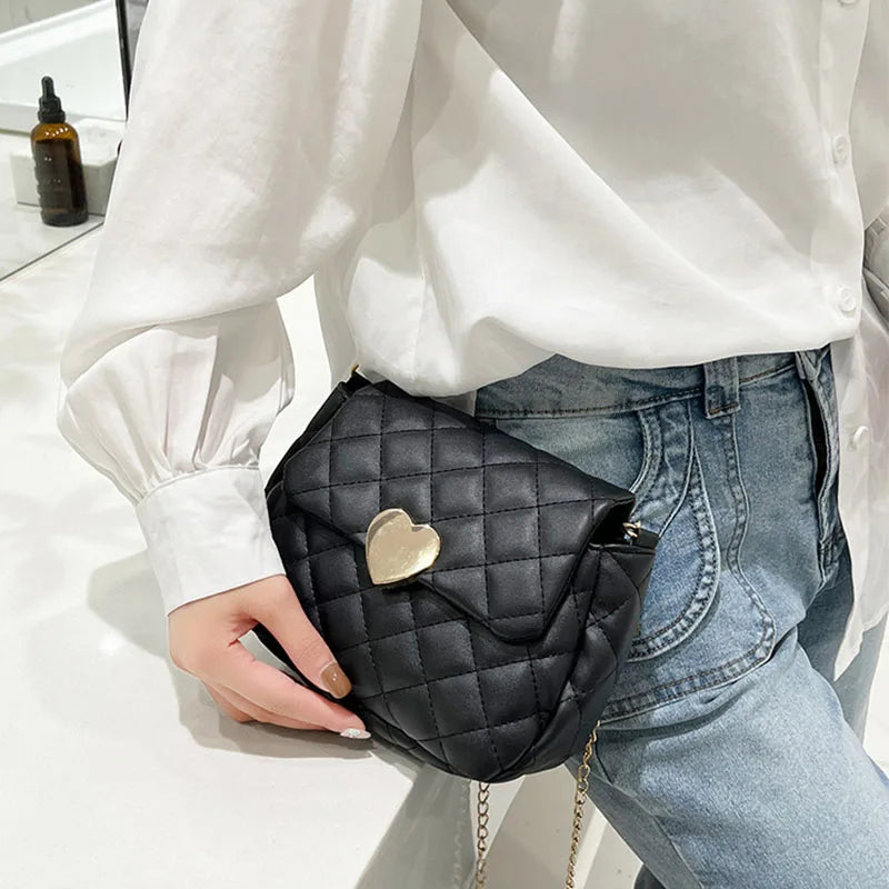 Heart Embroidery Shoulder Bag for Women PU Leather Crossbody Chain Purse
