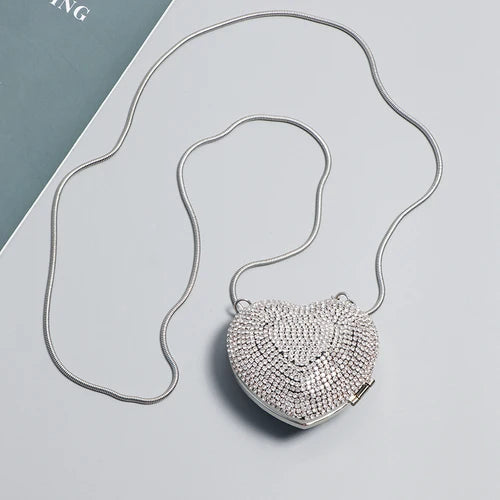 Heart Square Shape Rhinestone Shoulder Bag Women Metal PU Coin Key