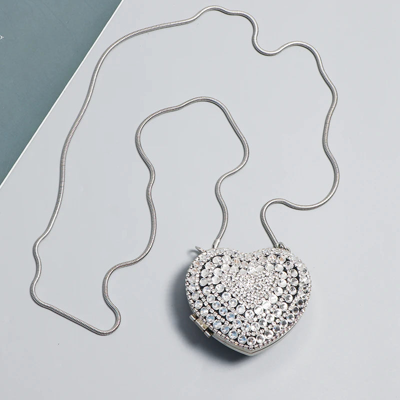 Heart Square Shape Rhinestone Shoulder Bag Women Metal PU Coin Key