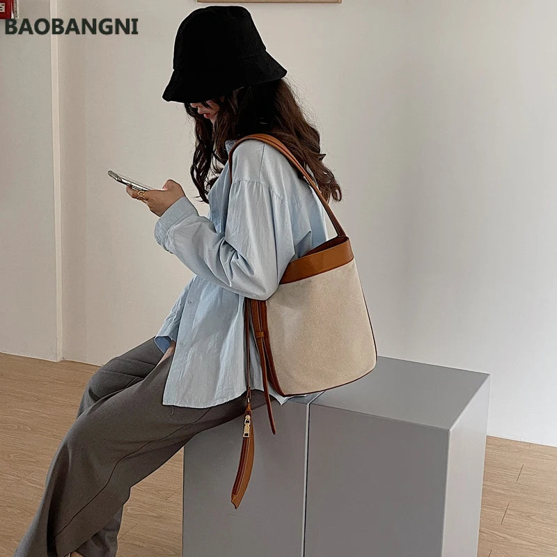 Canvas PU Leather Ladies Bucket Bag Shoulder Crossbody Bag