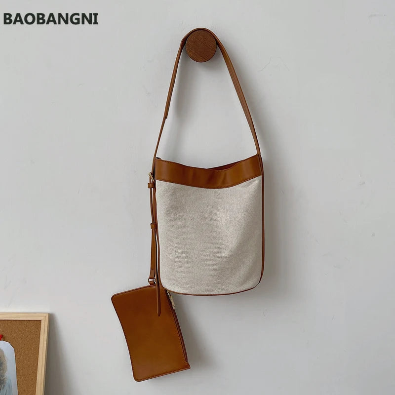Canvas PU Leather Ladies Bucket Bag Shoulder Crossbody Bag