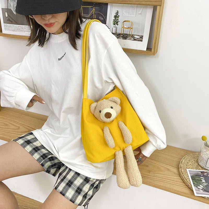 Ins Bear Canvas Bags Female Student Shoulder Messenger Bag Women