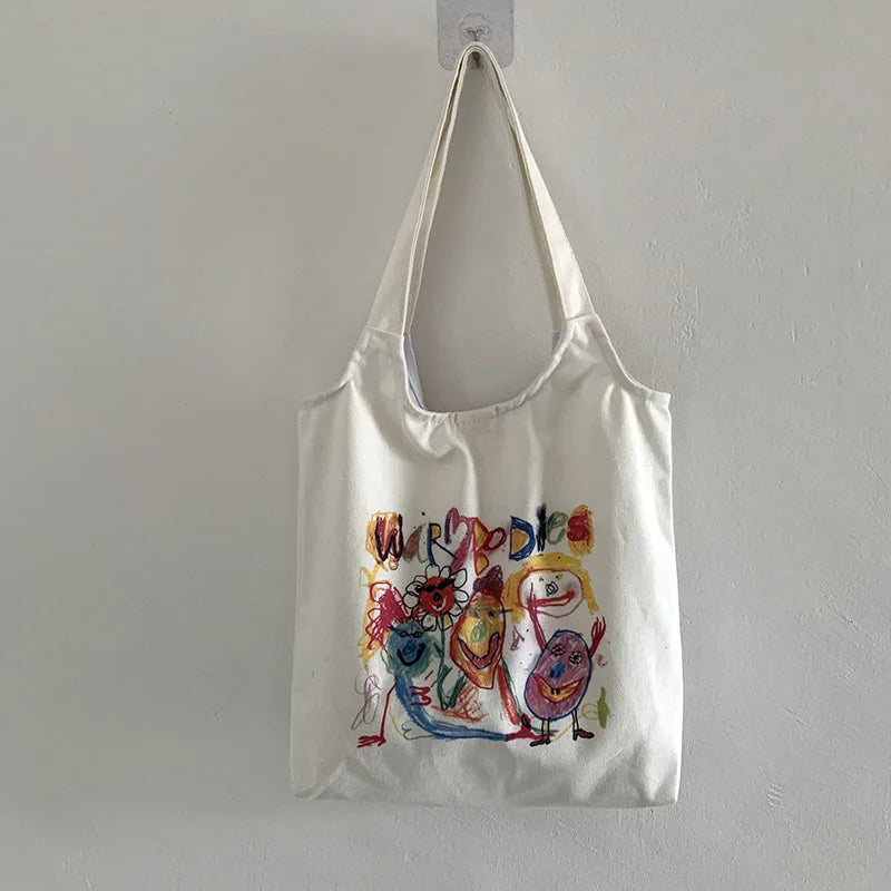Japanese Tote Shopping Bag for Lady Literary Cartoon Canvas Shoulder Bag