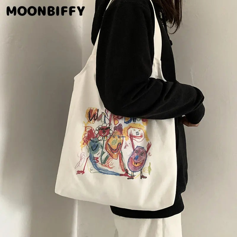 Japanese Tote Shopping Bag for Lady Literary Cartoon Canvas Shoulder Bag
