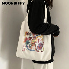 Japanese Tote Shopping Bag for Lady Literary Cartoon Canvas Shoulder Bag
