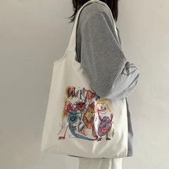 Japanese Tote Shopping Bag for Lady Literary Cartoon Canvas Shoulder Bag