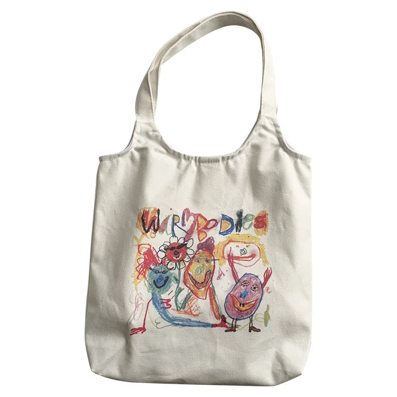 Japanese Tote Shopping Bag for Lady Literary Cartoon Canvas Shoulder Bag