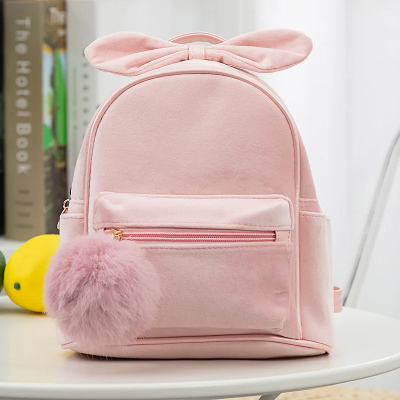 Plush Bowknot Kids Backpack Solid Girls Mini Schoolbag