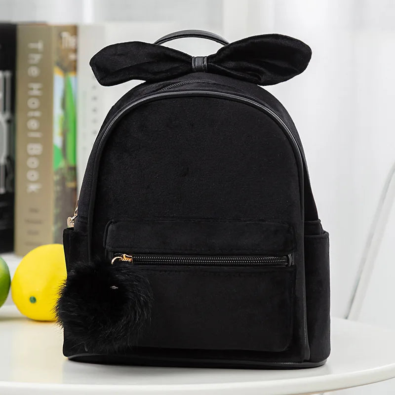 Plush Bowknot Kids Backpack Solid Girls Mini Schoolbag