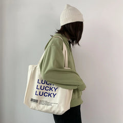 Canvas Shopping Bag Retro Ins Letter Shoulder Tote Portable Large-capacity
