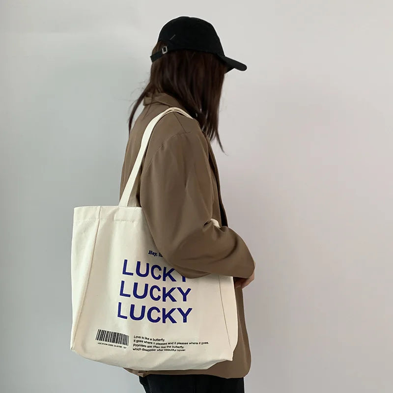 Canvas Shopping Bag Retro Ins Letter Shoulder Tote Portable Large-capacity