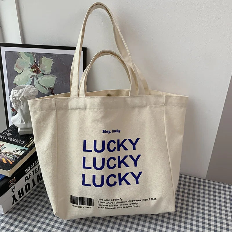 Canvas Shopping Bag Retro Ins Letter Shoulder Tote Portable Large-capacity