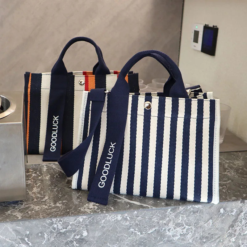 Striped Shoulder Bag Canvas Women Square Tote Bag Female Summer Beach Bags