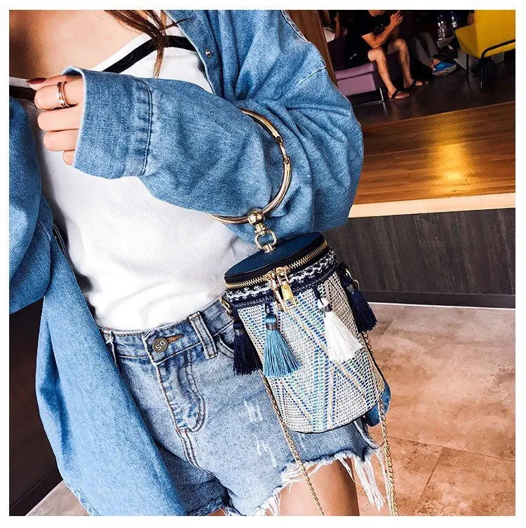 Wild Straw Bucket Bag Shoulder Handbag Tassel Chain Messenger Bohemia Travel Bag