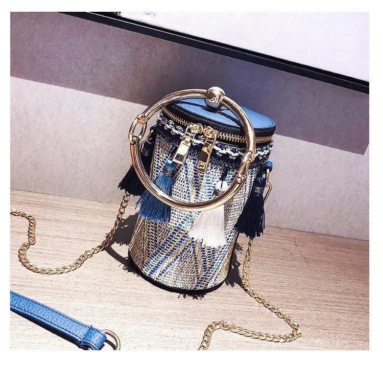 Wild Straw Bucket Bag Shoulder Handbag Tassel Chain Messenger Bohemia Travel Bag