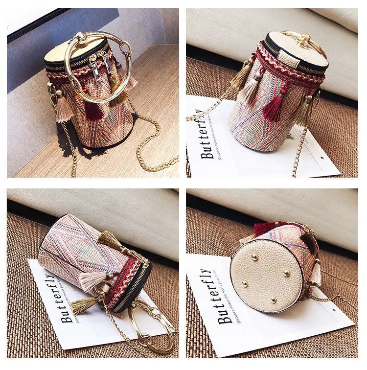 Wild Straw Bucket Bag Shoulder Handbag Tassel Chain Messenger Bohemia Travel Bag