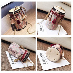 Wild Straw Bucket Bag Shoulder Handbag Tassel Chain Messenger Bohemia Travel Bag