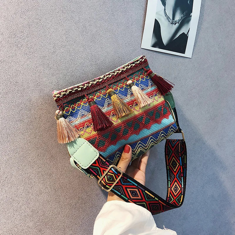 Ethnic Style Tassel Bucket Shoulder Bag
