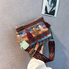 Ethnic Style Tassel Bucket Shoulder Bag
