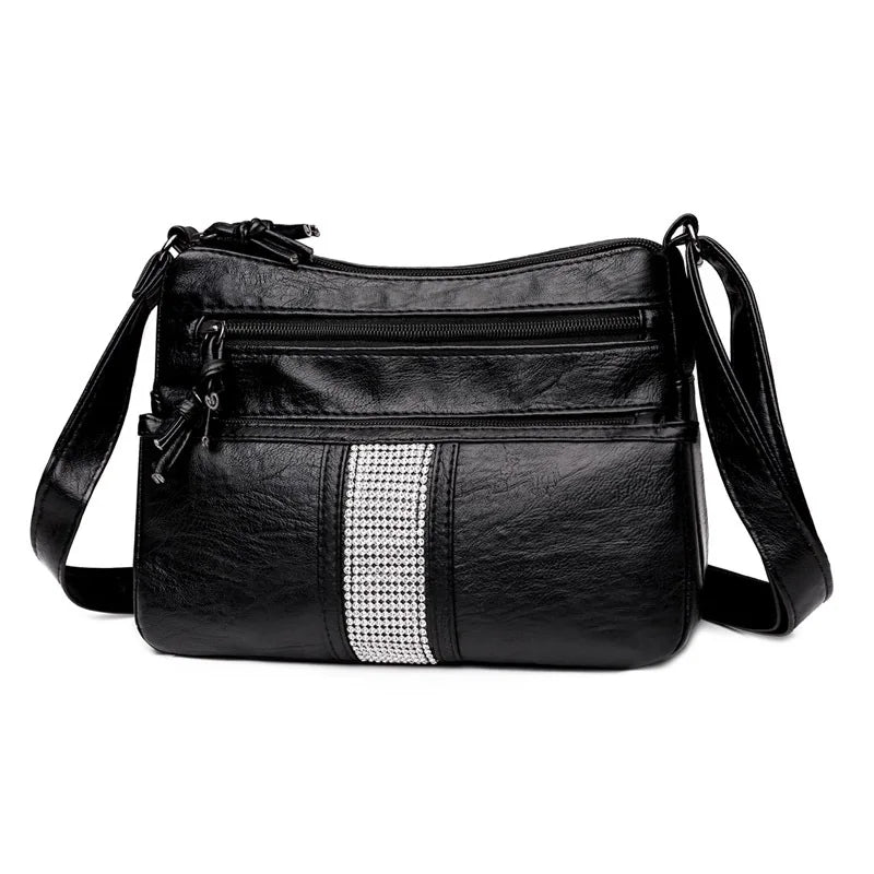Vintage Soft Leather Crystal Shoulder Bag Girl Handbag Satchel