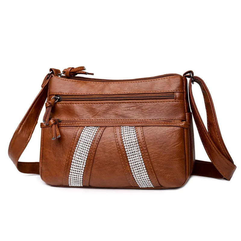 Vintage Soft Leather Crystal Shoulder Bag Girl Handbag Satchel