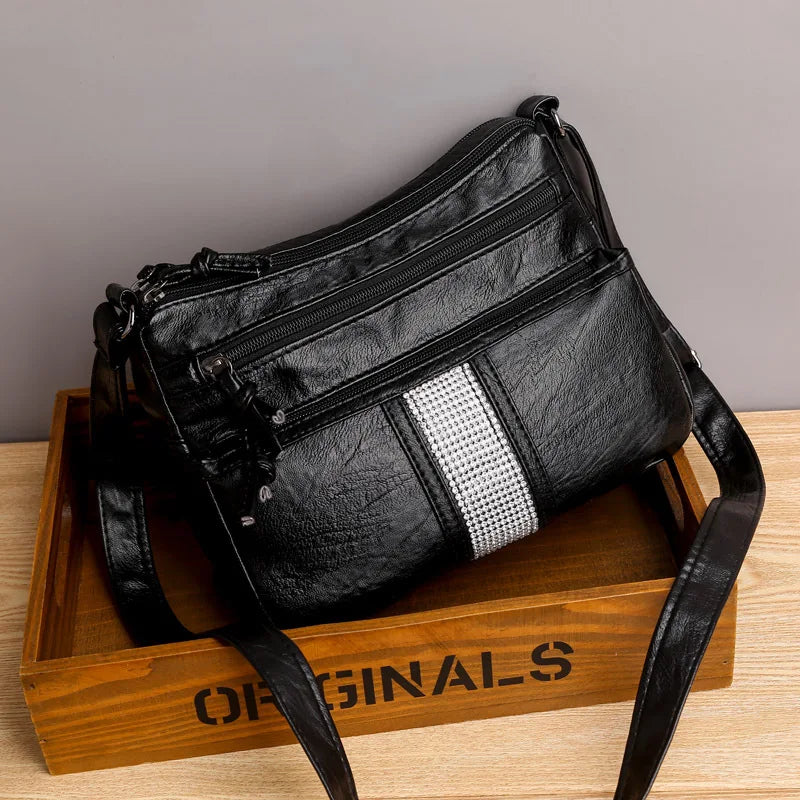 Vintage Soft Leather Crystal Shoulder Bag Girl Handbag Satchel