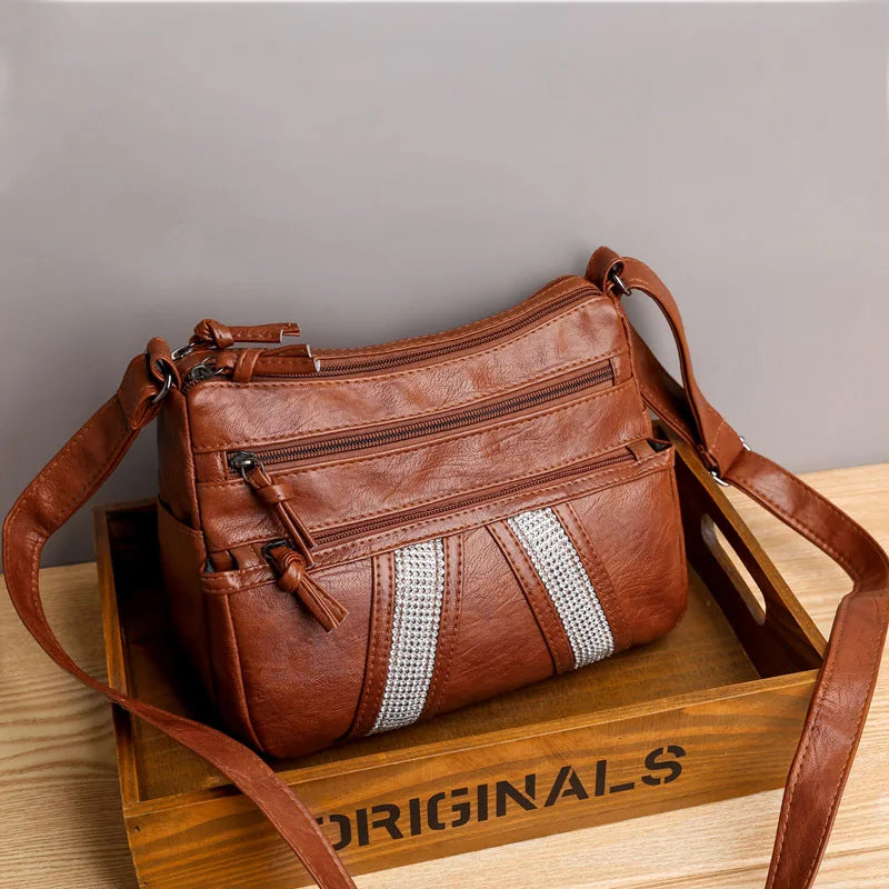 Vintage Soft Leather Crystal Shoulder Bag Girl Handbag Satchel