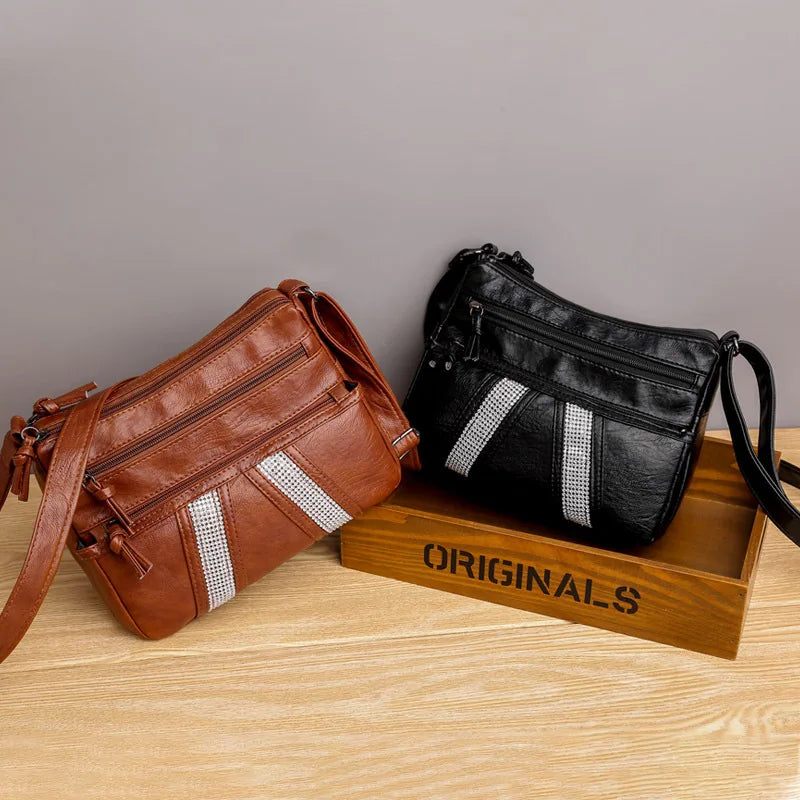Vintage Soft Leather Crystal Shoulder Bag Girl Handbag Satchel