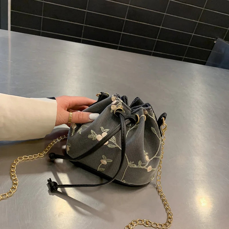 Embroidery Lace Shoulder Bucket Bag Drawstring Messenger Crossbody Bag